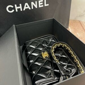 CHANEL Black Patent Quilted CC Pouch Belt Bag 24K Gold Hardware + Lambskin Belt